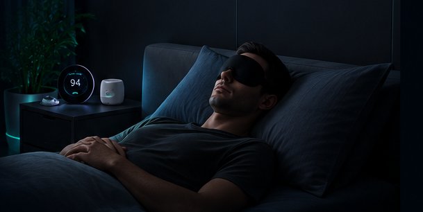 Person sleeping wearing a contour sleep mask