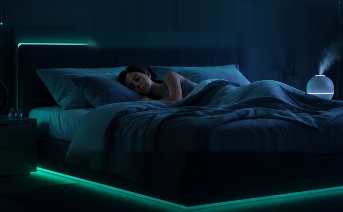 Person sleeping in a dark modern bedroom with cyan ambient lighting beneath the bed